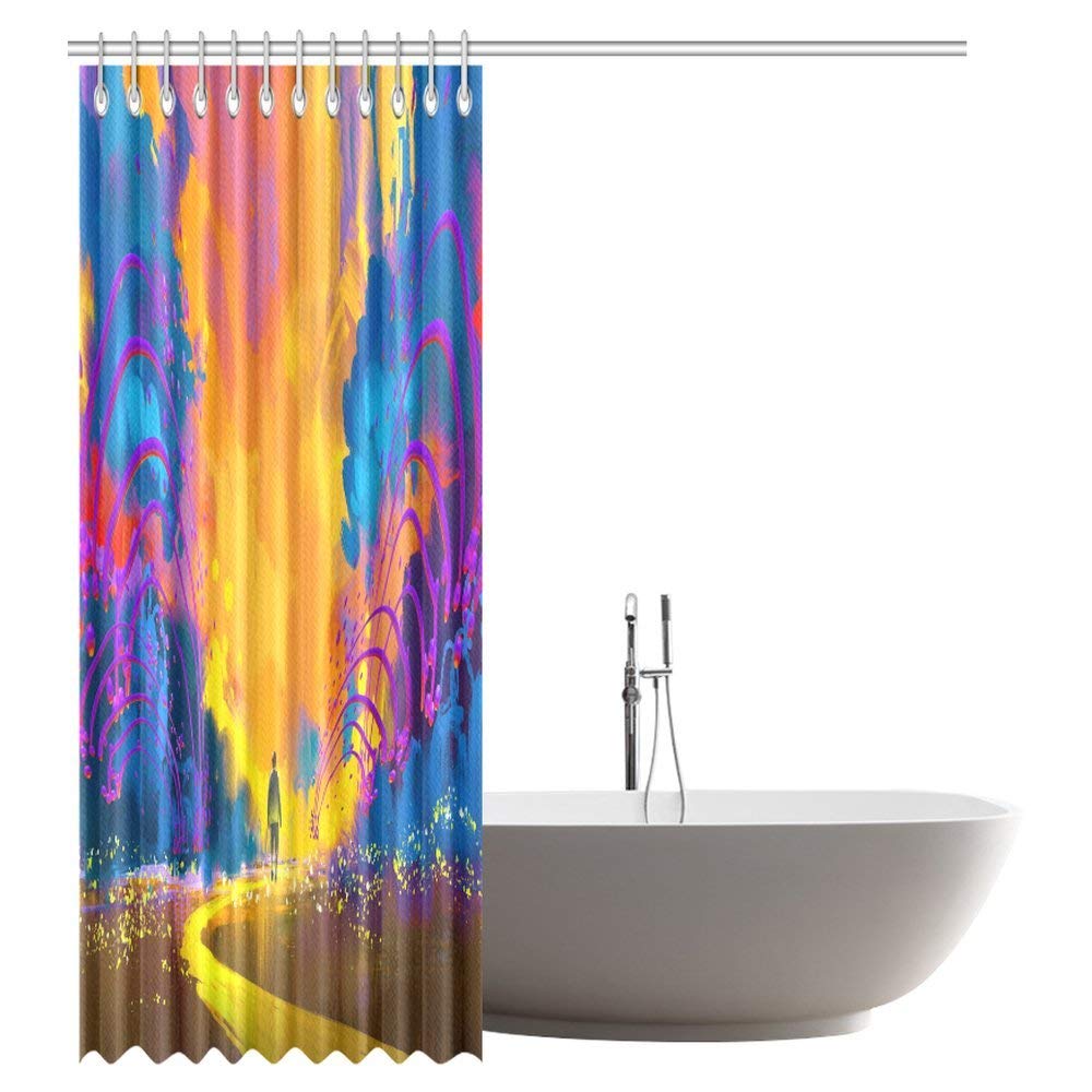 Abstract Home Shower Curtain, Man Walking to Abstract Colorful Landscape Fabric Bathroom Shower Curtain