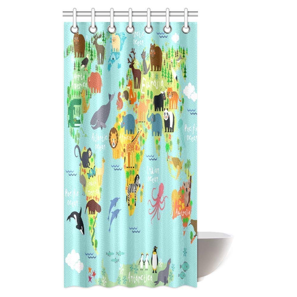 Children Kids Shower Curtain Decor, Animal Map of the World for Children and Kids Cartoon Ocean Mountains Forests Fabric Bathroom Set with Hooks,  Green Yellow Blue