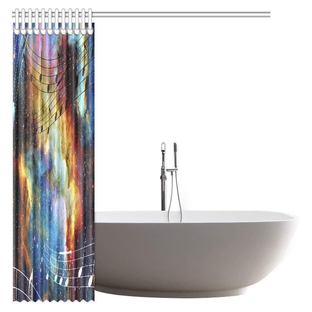 Galaxy Music Shower Curtain, Modern Musical Artwork Classroom Music Note Space and Stars Fabric Bathroom Shower Curtain 