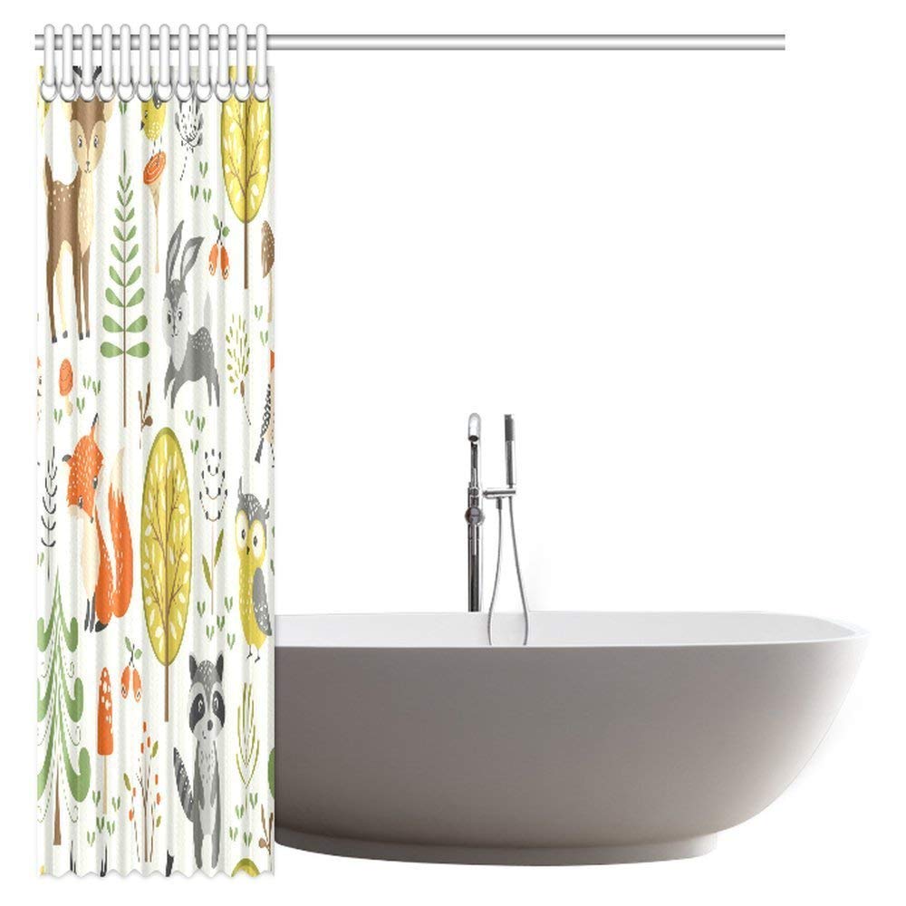 Summer Forest Pattern with Cute Woodland Animals, Trees, Mushrooms and Berries Shower Curtain Bathroom Decor with Hooks