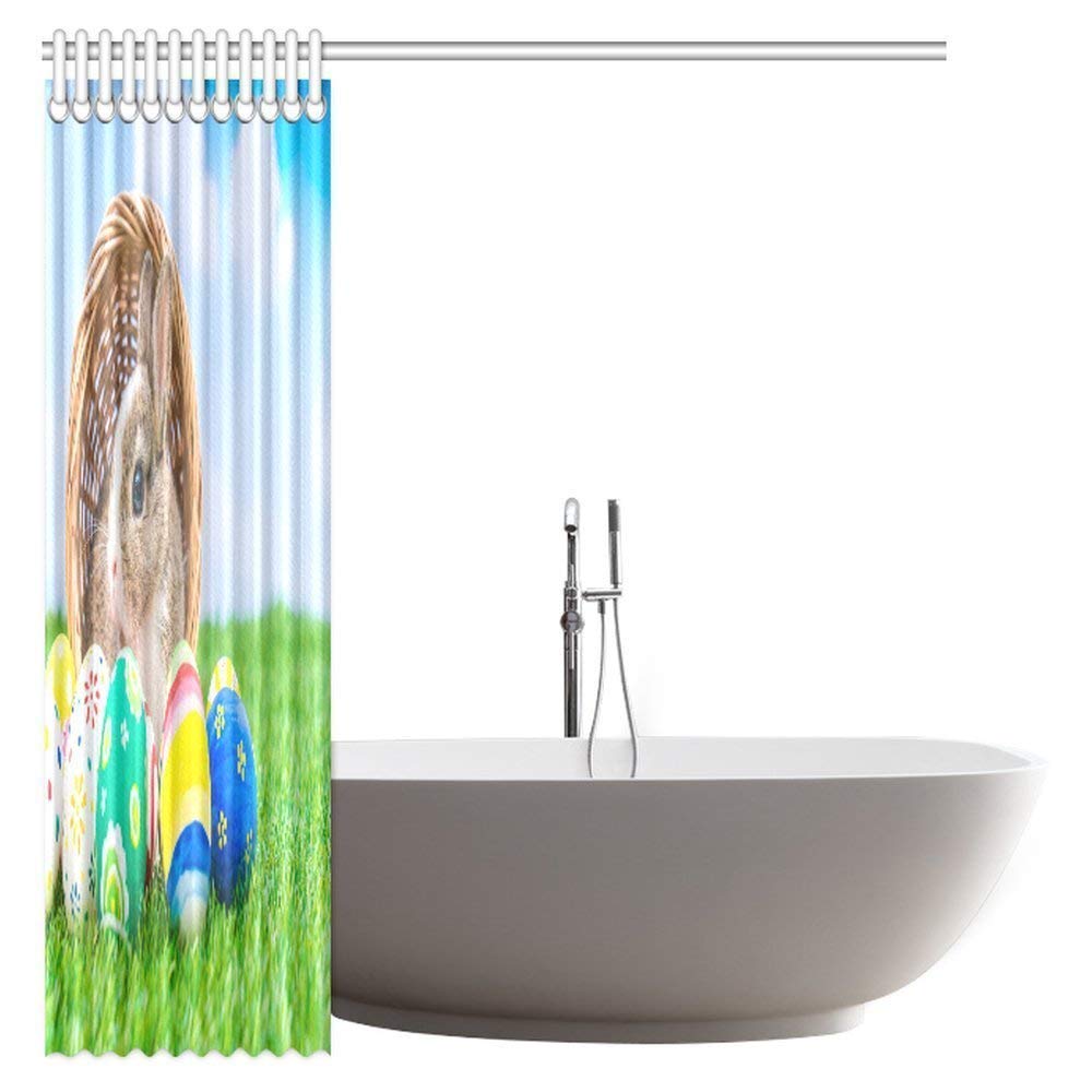 Easter Decorations Holiday Gifts Shower Curtain, Rabbit and Easter Eggs in Green Grass with Blue Sky Bathroom Shower Curtain