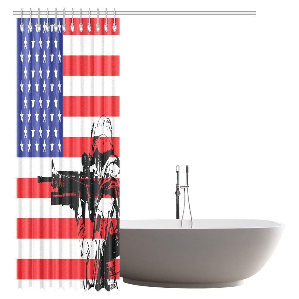 American Flag Themed Monogram USA Military Soldier with M16 Rifle Sketchy Image Bathroom Shower Curtain with Hooks