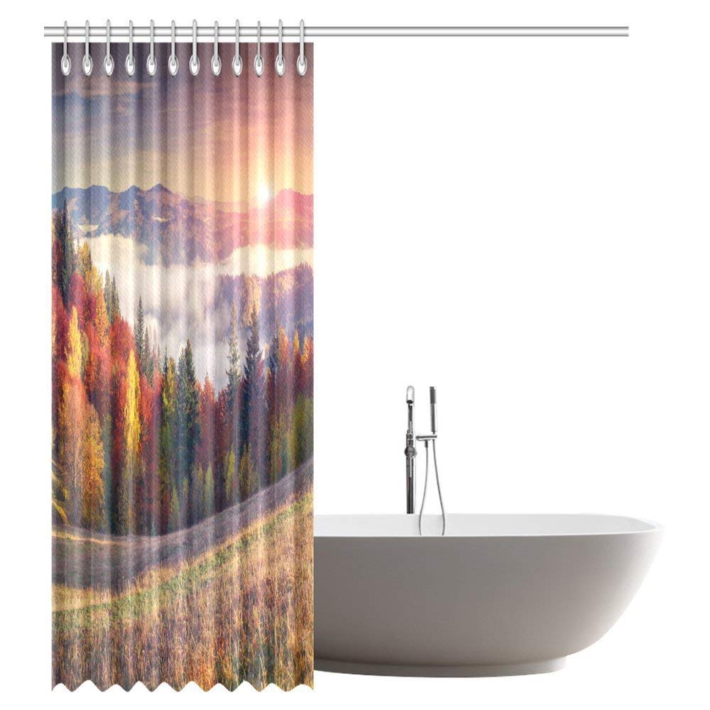 Landscape Shower Curtain, Sunrise with Stunning Sky Colors in Autumn Falls at South Western Village Scenery Bathroom Set with Hooks