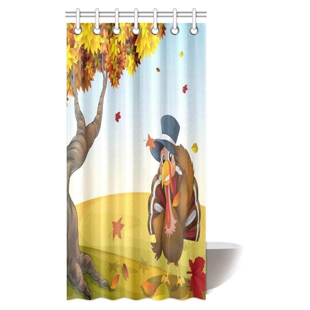 Happy Thanksgiving Shower Curtain, Turkey with Autumn Tree Scenery Fabric Shower Curtain Set with Hooks