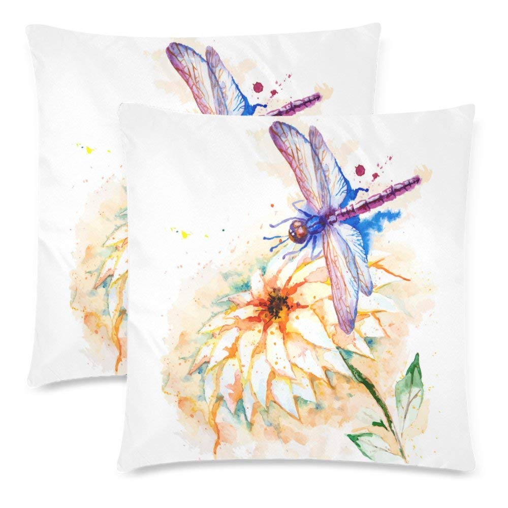 Custom 2 Pack Watercolor Flying Violet Dragonfly Throw Pillowcase 18x18 Twin Sides, Beautiful Lily Flower Cotton Zippered Cushion Pillow Case Covers Set Decorative