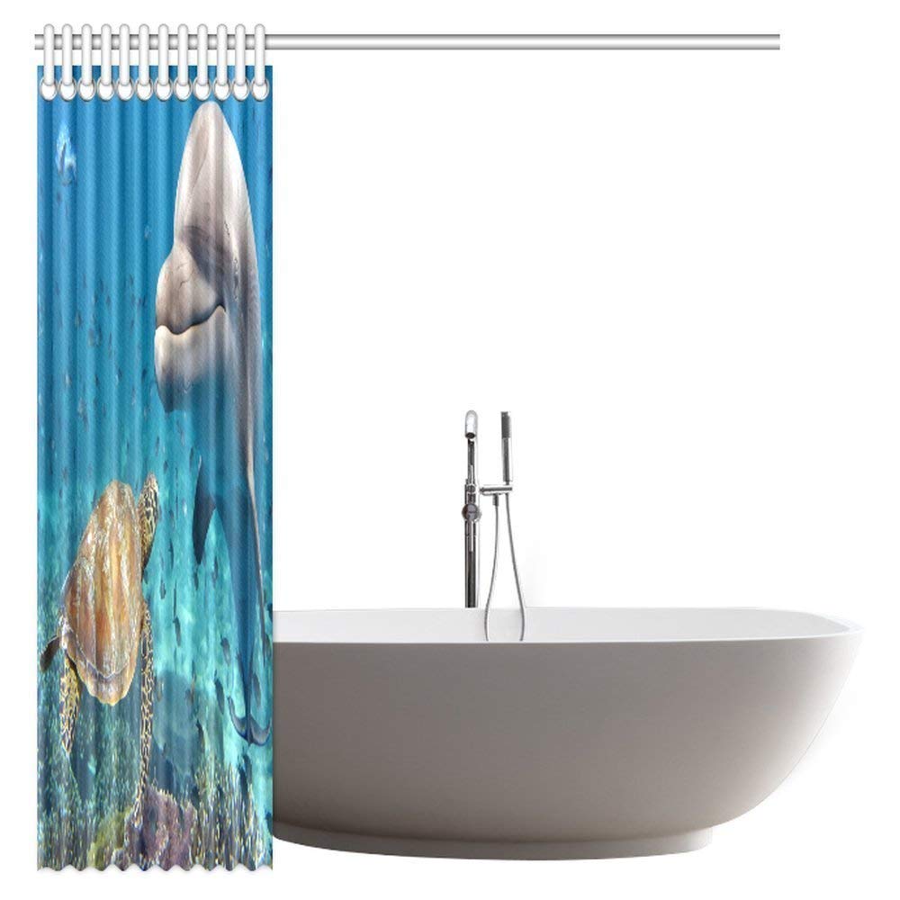 Marine Shower Curtain Decor, Dolphin and Turtle Underwater on Reef Background Bathroom Set with Hooks