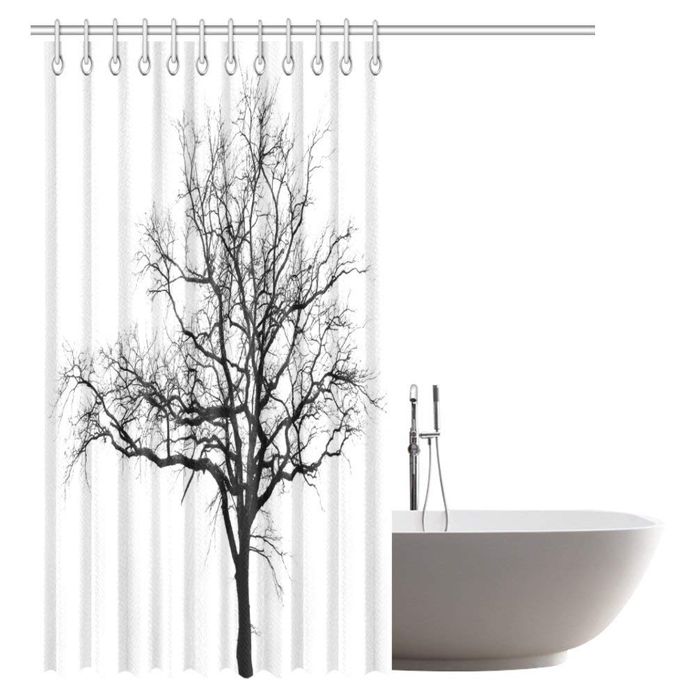 Lonely Tree Black and White Branches Decorations Art Decor Design, Tree of Life Waterproof Polyester Fabric Bathroom Shower Curtain with Hooks, 72 X 84 Inches