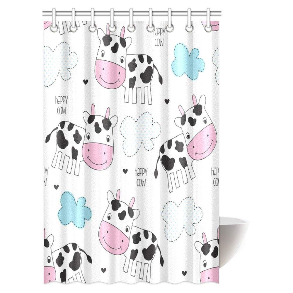 Cartoon Animal Decor Shower Curtain, Happy Cow Fabric Bathroom Shower Curtain Set with Hooks