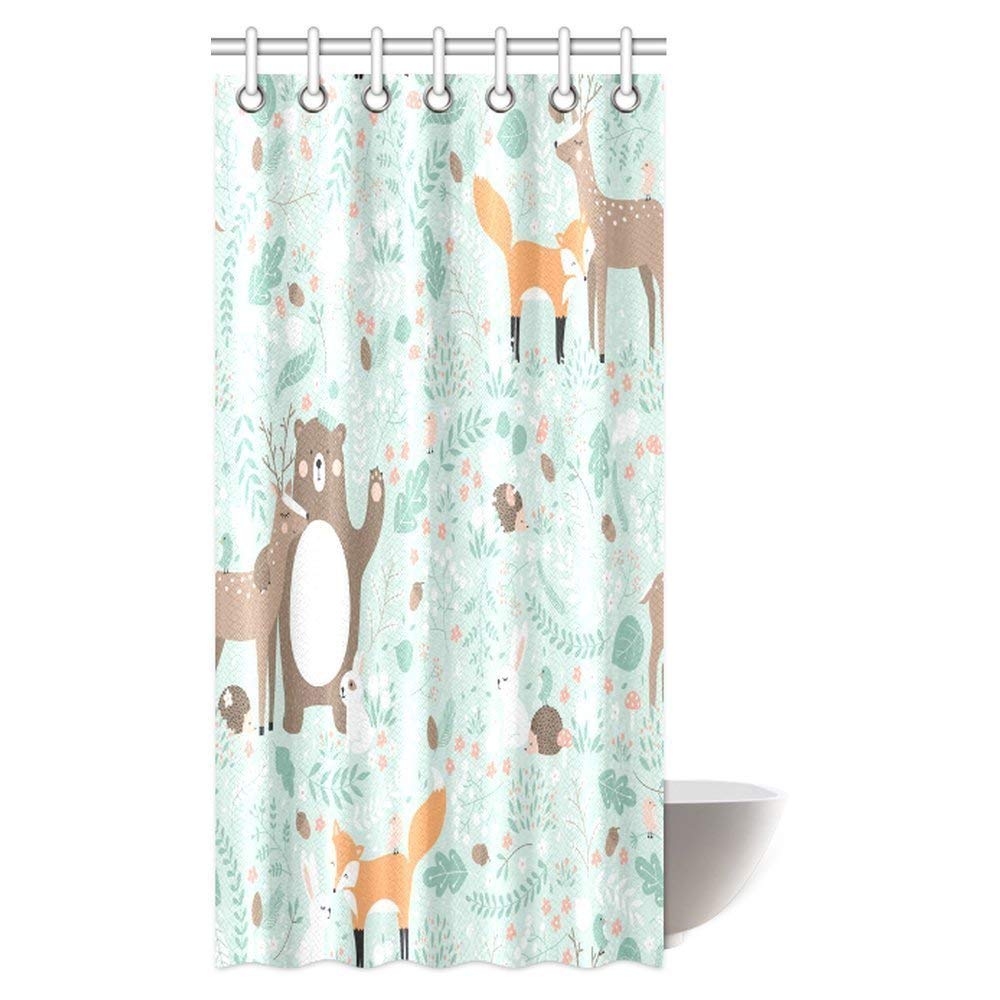 Girls Boys Kids Baby Lover Decor Shower Curtain, Woodland Forest Animals Trees Birds Bear Fox Deer Rabbit Deco Bathroom Shower Curtain Set with Hooks