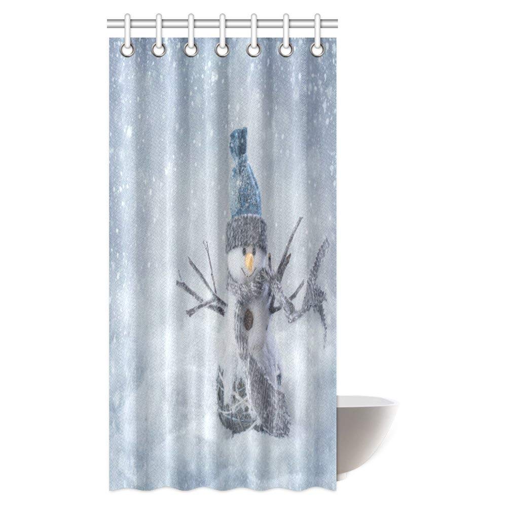 Christmas Shower Curtain Set, Smiling Snowman Standing in the Snow Fabric Bathroom Shower Curtain