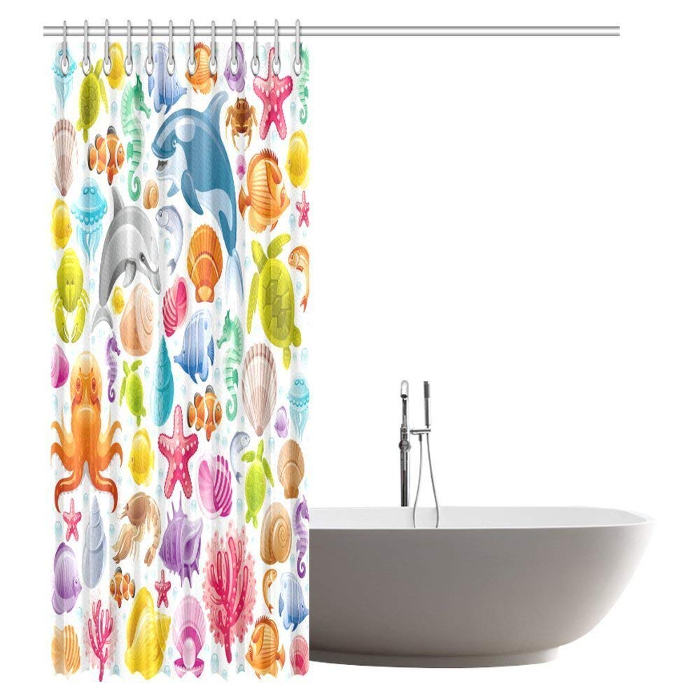 Sea Animals Decor Shower Curtain, Cartoon Art With Fish Seahorse Starfish Dolphin Coral Underwater Life Kids Deco Bathroom Shower Curtain Set with Hooks