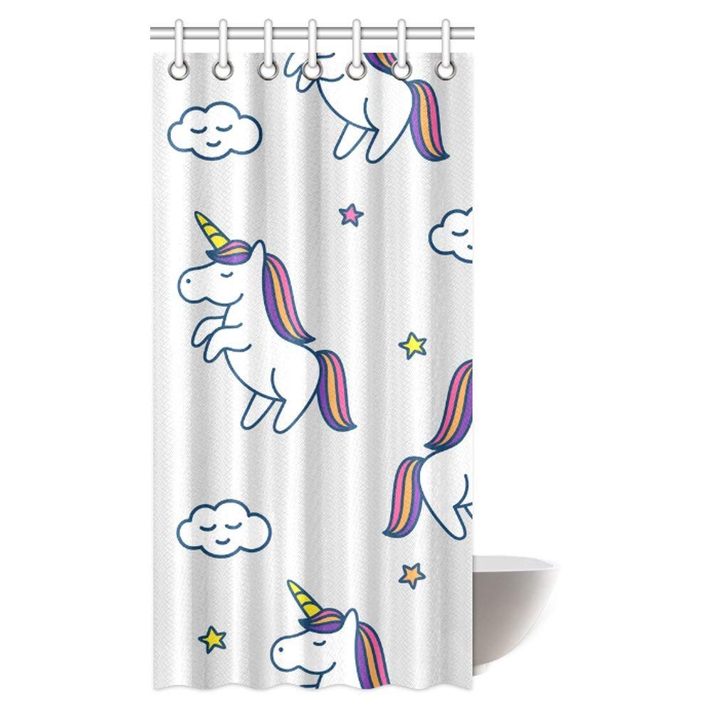 Unicorn Home and Kids Decor Shower Curtain, Set of Unicorns with Stars and Clouds Legendary Creature Kids Cartoon Bathroom Shower Curtain Set with Hooks