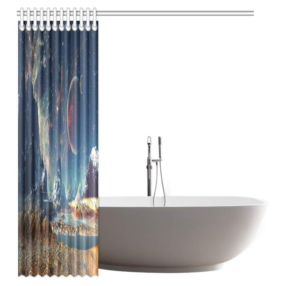 Fantasy Shower Curtain, Alien Planet with Earth Moon and Mountain Fantasy Sci Fi Galactic Future Cosmos Art Fabric Bathroom Shower Curtain with Hooks