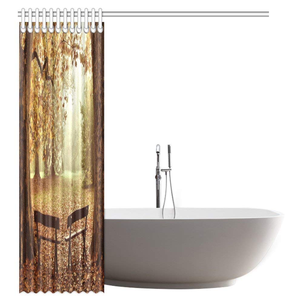 Autumn View of Two Benches under Bright Colored Fall Leaves Freshening Season Print Bathroom Shower Curtain Set with Hooks