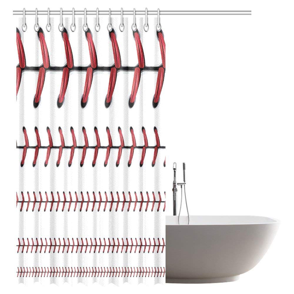 Sports Softball Decor Shower Curtain, Baseball Red Lace Over Polyester Fabric Bathroom Shower Curtain