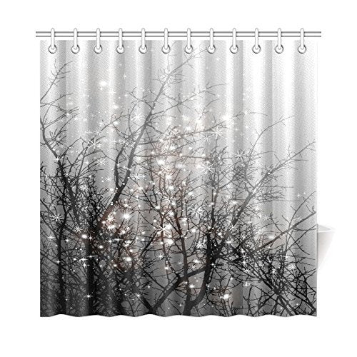 Fashion Mystical Magical Tree Home Decor, Beautiful Black Tree Branch with Snowflake Polyester Fabric Shower Curtain With Hooks Black Grey