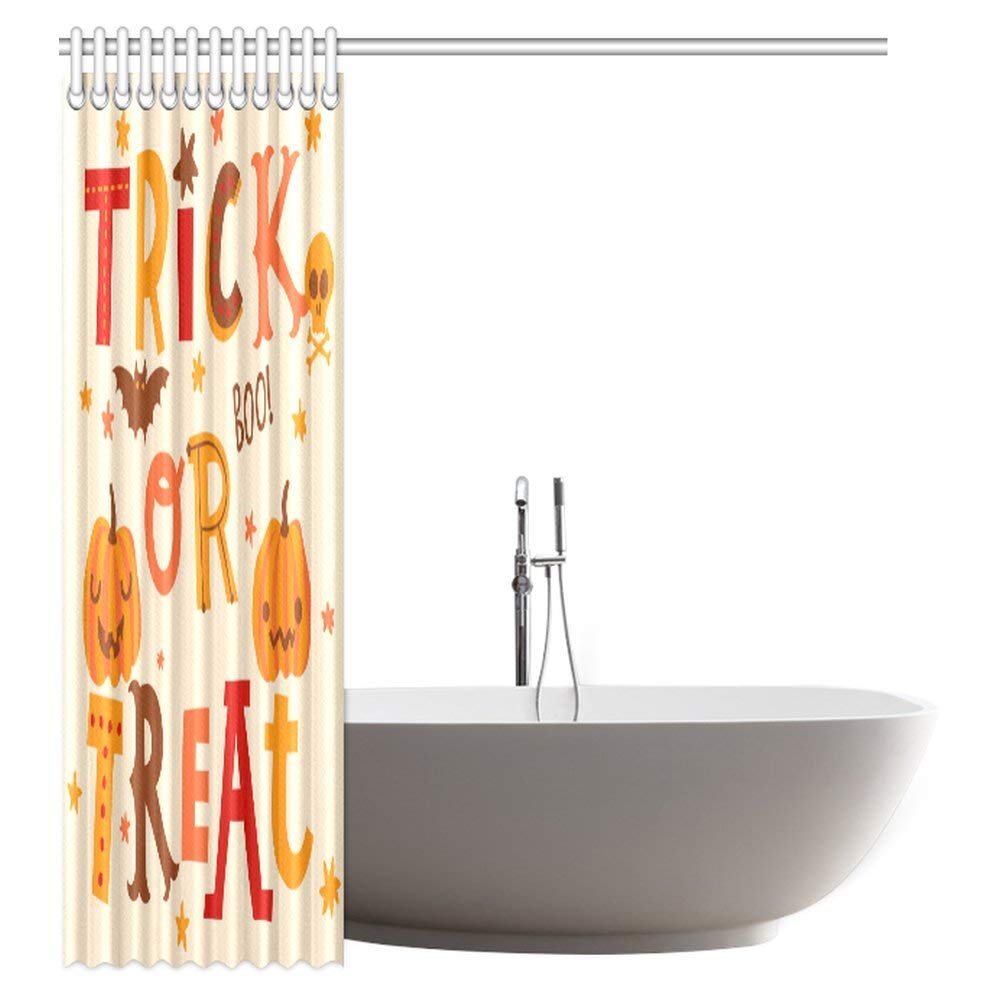 Halloween Decor Shower Curtain, Cute Trick or Treat in Cartoon Style Fabric Bathroom Shower Curtain Set with Hooks