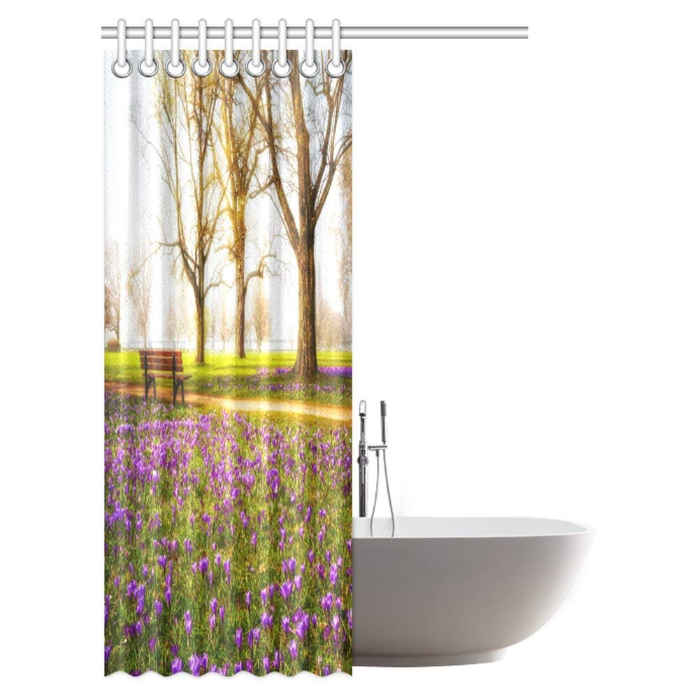 Farm House Shower Curtain, Violet Blooming Crocus Flowers in the Park with Trees and Benches Calm Zone Fabric Bathroom Shower Curtain with Hooks