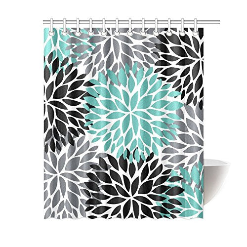 Dahlia Pinnata Flower Teal Black Gray House Decor Shower Curtain for Bathroom Decorative Bathroom Shower Curtain Set with Rings