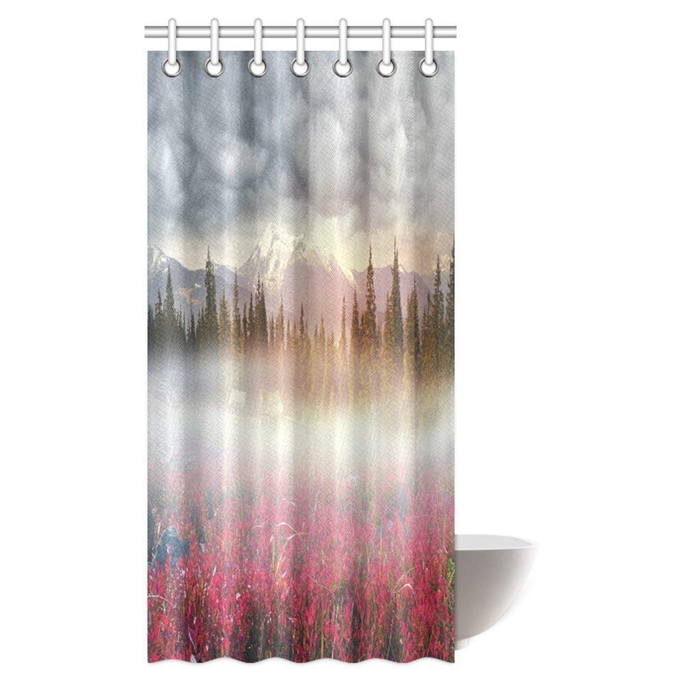 Nature Landscape Decor, Enchanted Flowers And Forest Shower Curtain Nature Pathway And Foggy Mountain At Infinity Bathroom Set With Hooks