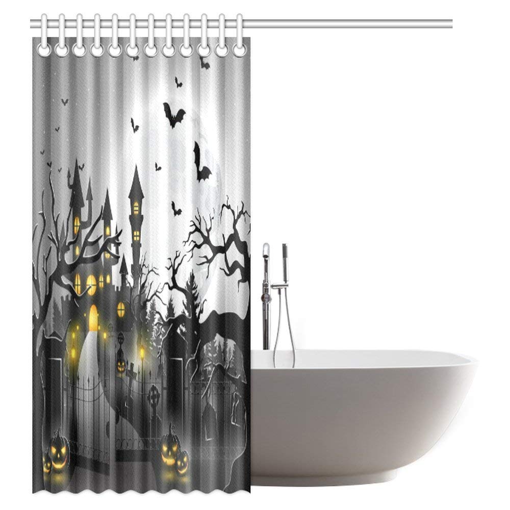 Spooky Concept with Halloween Icons Shower Curtain, Creepy Graveyard with Castle and Pumpkins Bathroom Shower Curtain with Hooks