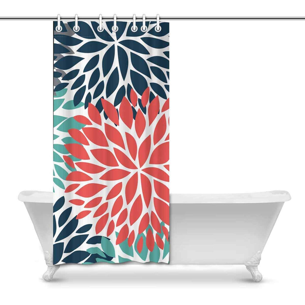 Dahlia Pinnata Flower Teal Coral Gray Water, Soap, and Mildew Resistant - Machine Washable - Shower Hooks