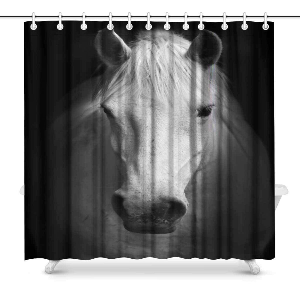 White Horse S Black and White Art Portrait Fabric Shower Curtain Decor with Hooks, 72 x 72 Inches