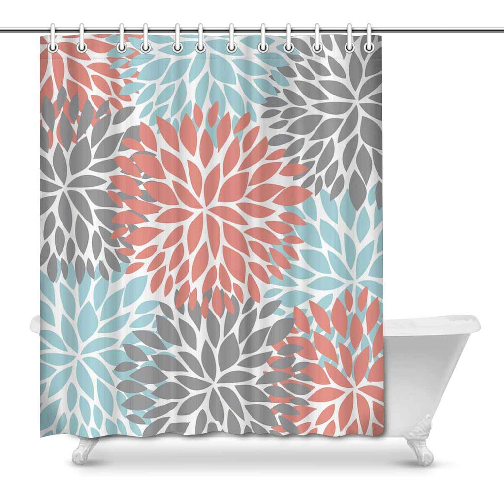 Dahlia Pinnata Flower Coral Gray and Light Blue Home Decor Waterproof Polyester Bathroom Shower Curtain Bath Decorations with Hooks