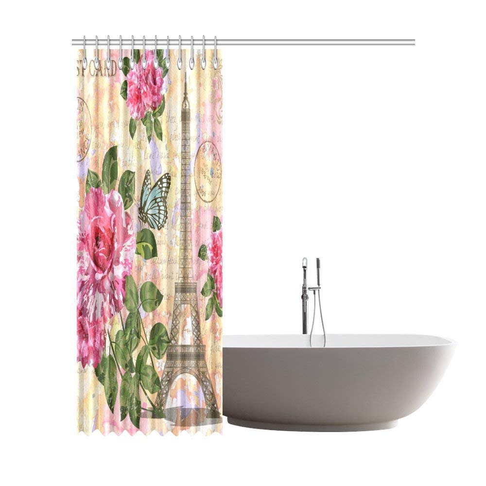 Vintage Paris Eiffel Tower Flowers Butterflies Waterproof Polyester Fabric Shower Curtain Bathroom Sets with Hooks