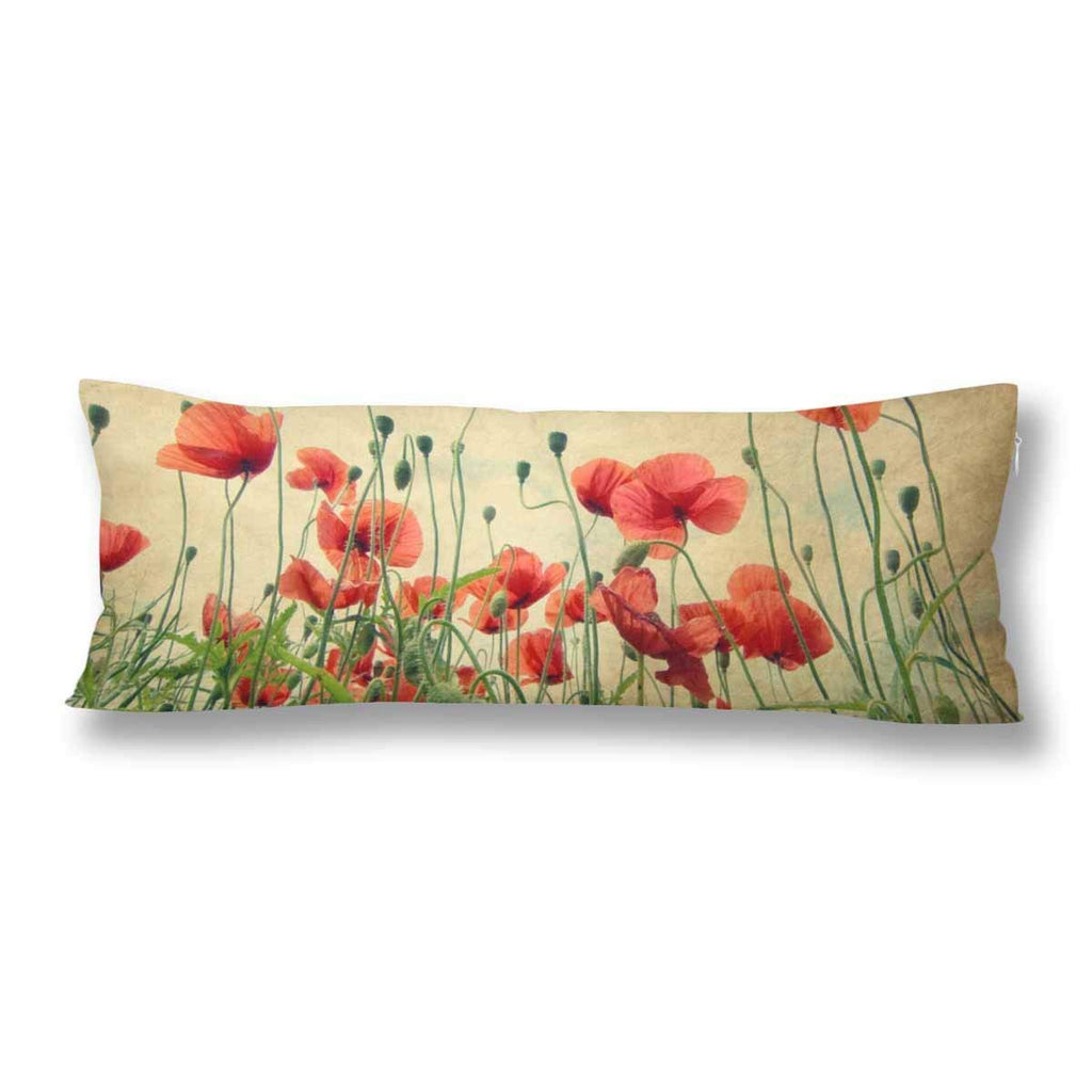 Vintage Poppy Field Body Pillow Covers Pillowcase with Zipper 21x60 Twin Sides