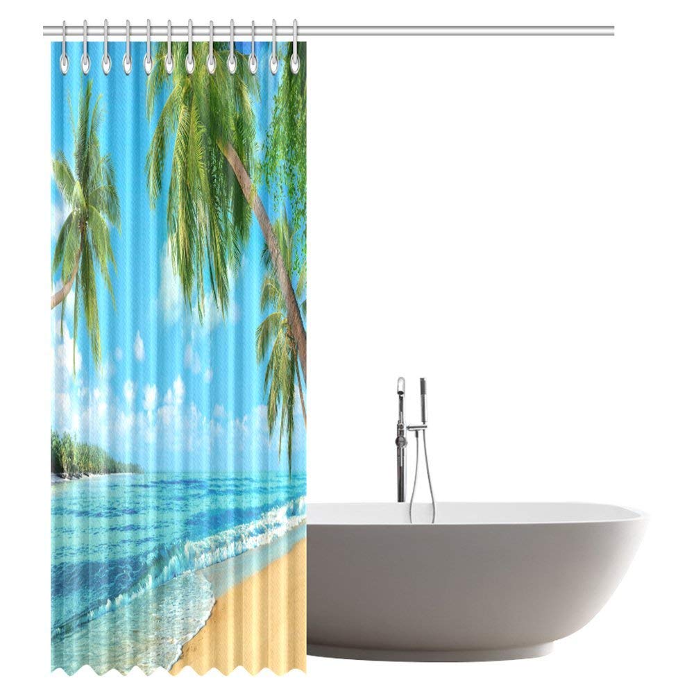 Tropical Island Decor, Oceanfront Waves Palm Trees Beach Turquoise Picture Print, Polyester Fabric Bathroom Shower Curtain Set with Hooks, 69 by 84 Inches