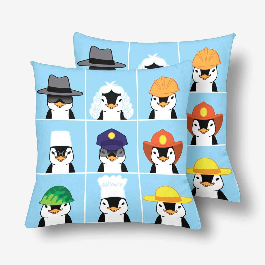 Cute Penguin Various Profession Throw Pillow Covers 18x18 Set of 2, Pillow Cushion Cases Pillowcase for Home Couch Sofa Bedding Decorative