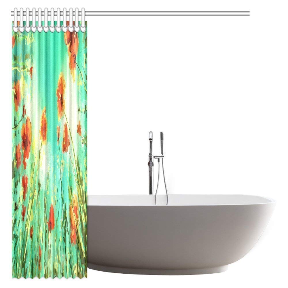 Red Poppies Green Leaves Shower Curtain, Poppies of Spring Season Pastoral Flowers Botany Bouquet Field Nature Theme Art Bathroom Set with Hooks