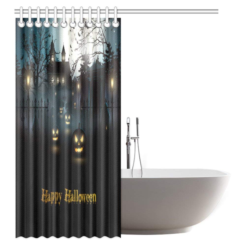 Halloween Decor Collection, Gothic Scene With Halloween Haunted House Party Theme Decor Trick Or Treat For Kids Fabric Bathroom Shower Curtain Set