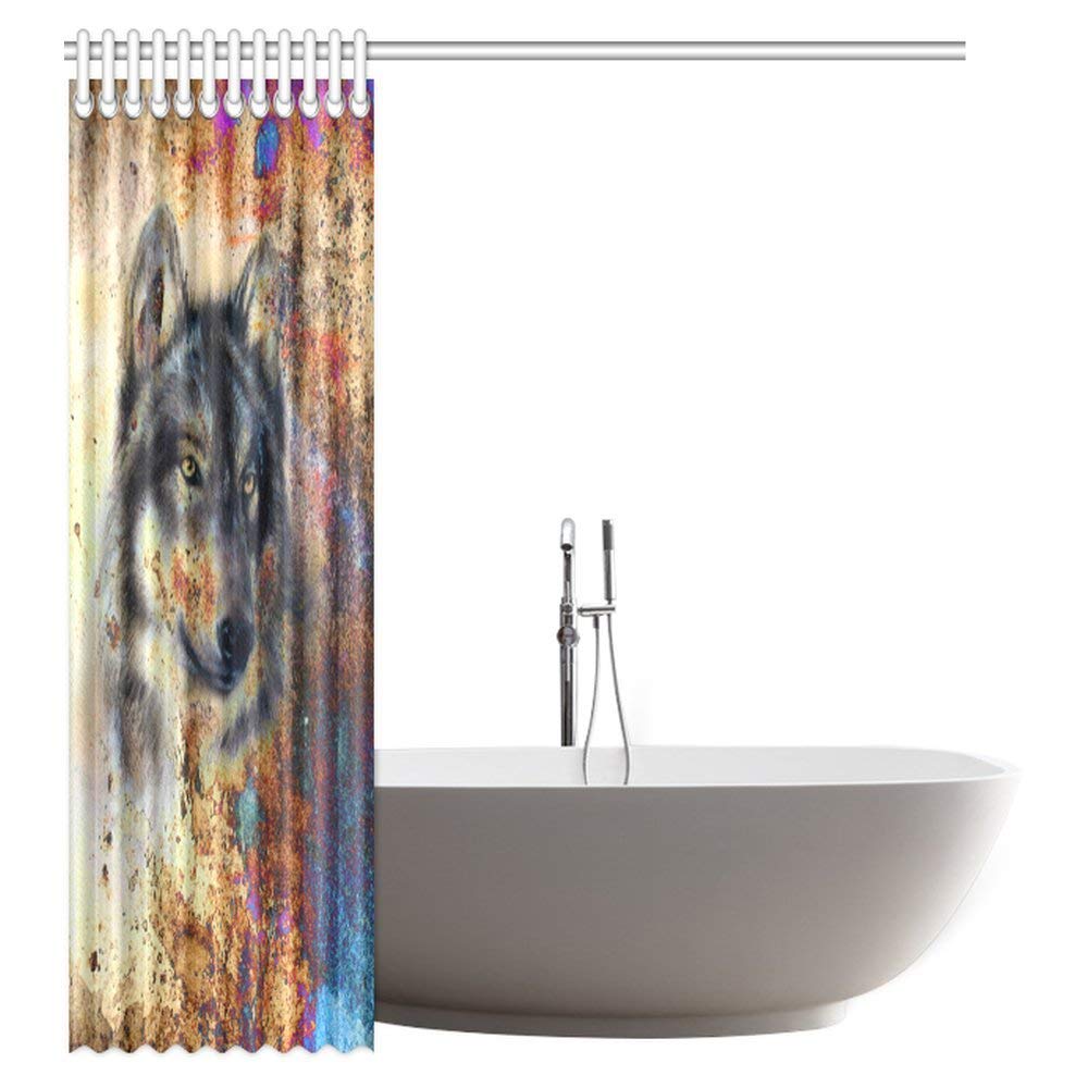 Animal Wolf Shower Curtain, Wolf Painting with Colorful Background Polyester Fabric Bathroom Shower Curtai