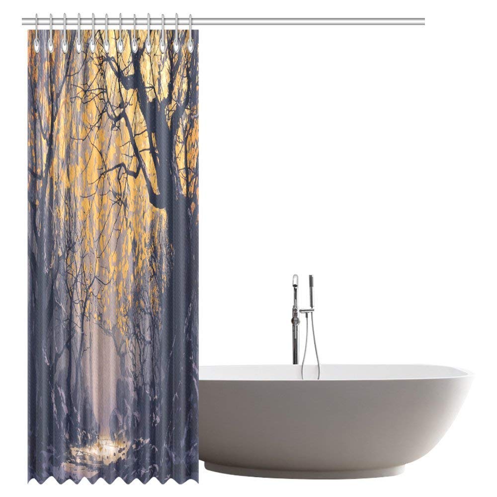 Landscape Painting Shower Curtain, Night Scene of Autumn Forest Fabric Bathroom Shower Curtain with Hooks