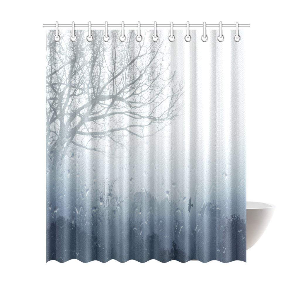 Rainy Scene Mystic Foggy Forest Decor, Art Romantic Window Water Drops Scene Melancholia Therapy Lonely Tree Unique Bathroom Shower Curtain