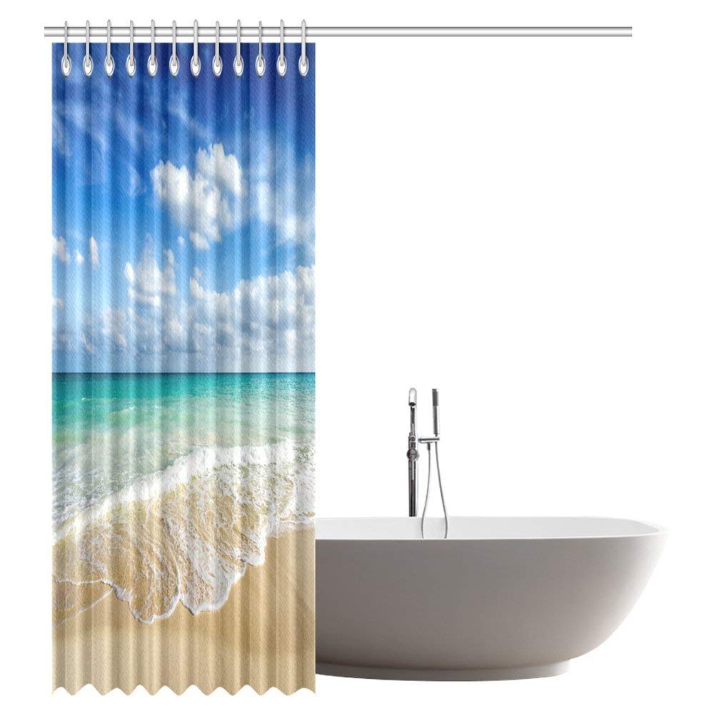 Beach Ocean Theme Shower Curtain, Wavy Ocean Surface Scenery Polyester Fabric Mildew Resistant And Waterproof Bath Curtains, 69 By 84 Inches