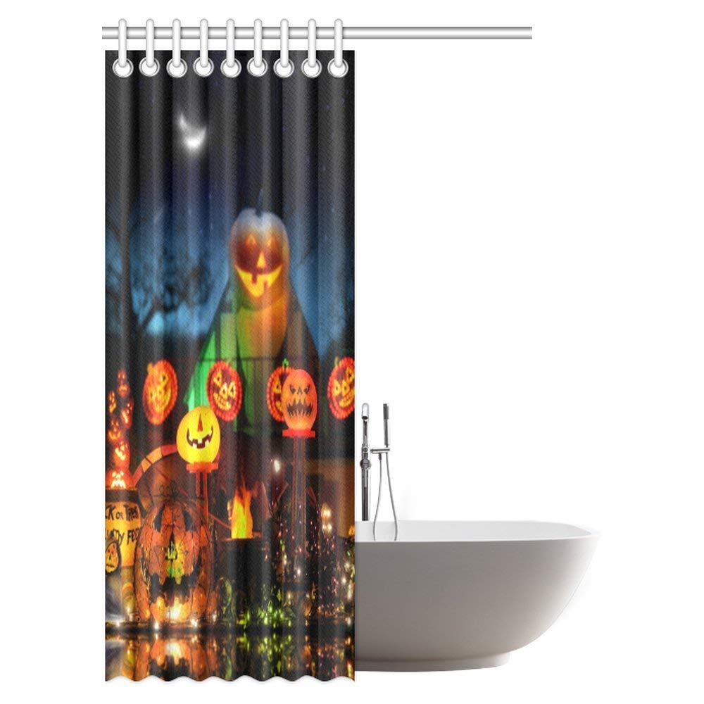 Happy Halloween Decor Shower Curtain Set, Lots of Glowing Lanterns in Fantastical Spooky Environment Fabric Bathroom Shower Curtain