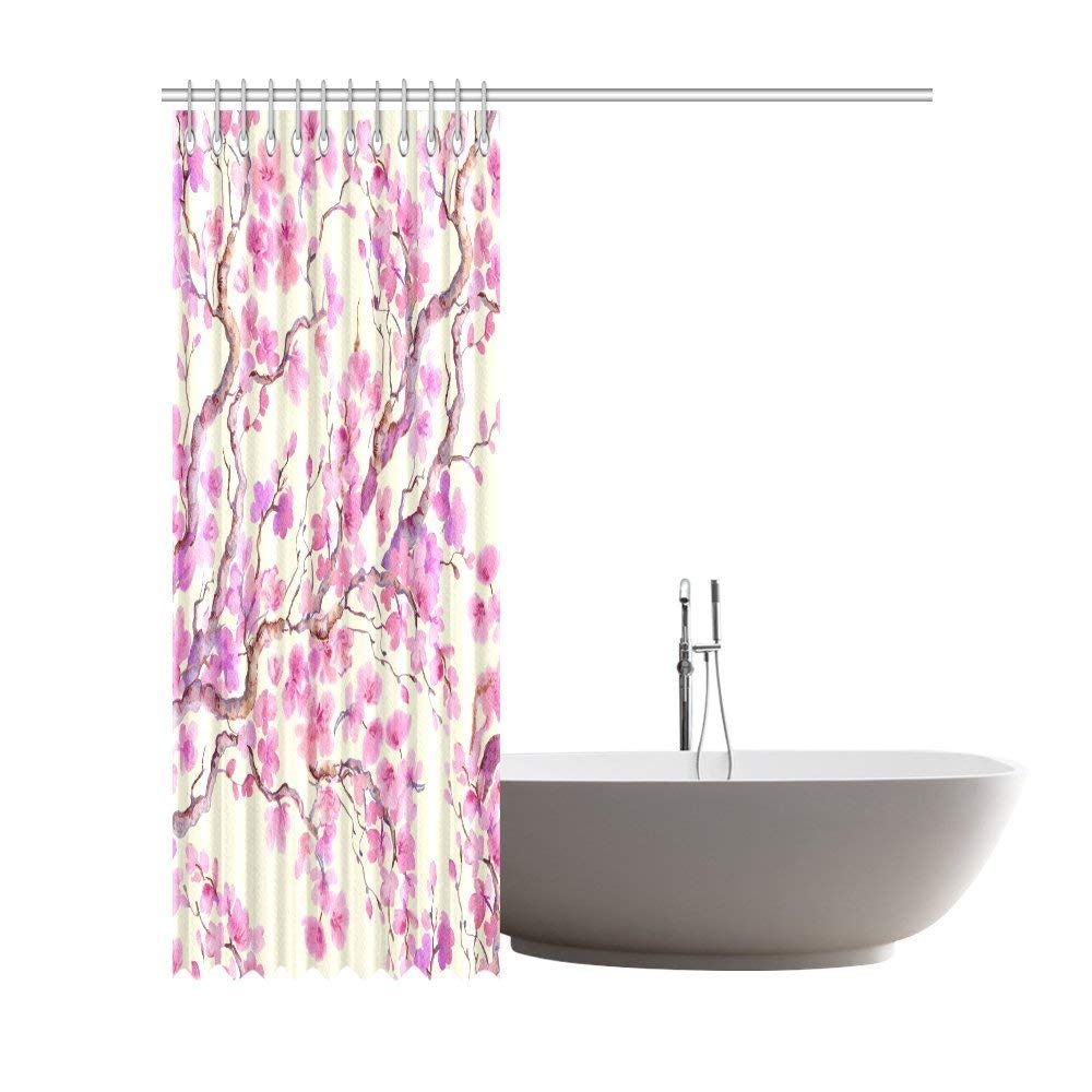 Cherry Blossom Flowers Painting House Decor Shower Curtain for Bathroom, Floral Decorative Bathroom Shower Curtain Set with Rings