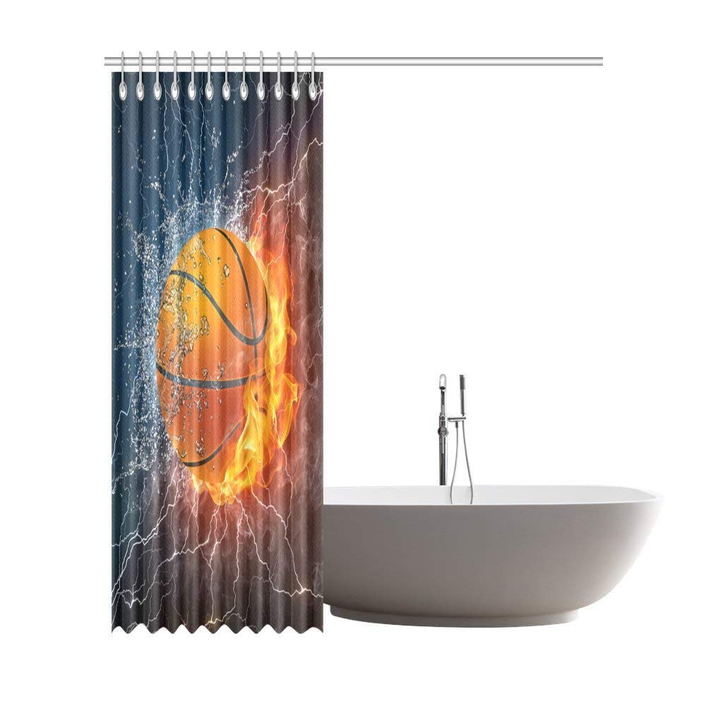 Basketball Ball on Fire and Water Flame Splashing Thunder Lightning Polyester Fabric Bathroom Shower Curtain Bathroom Sets 72 X 84 Inches