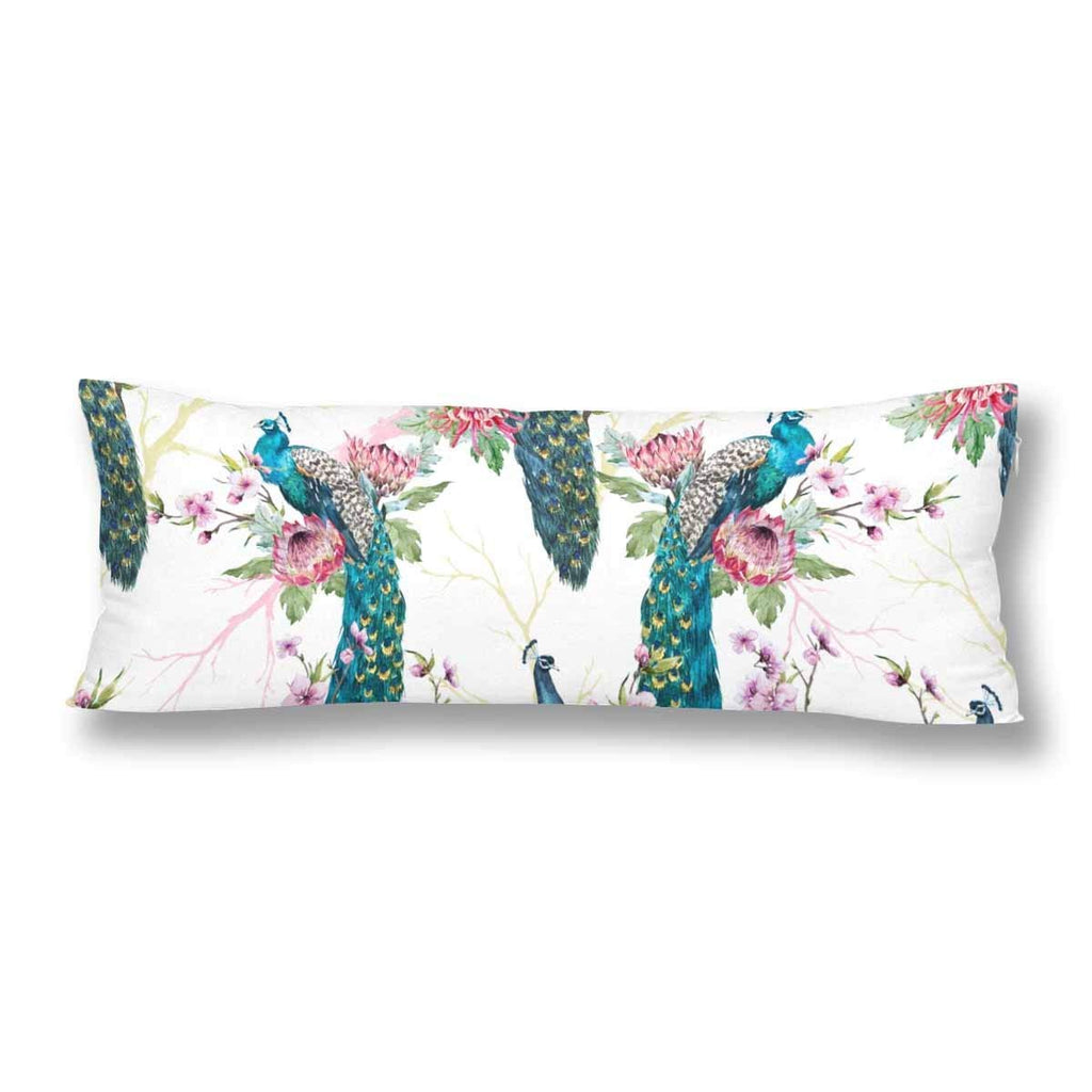 Watercolor Peacock Cherry Tree Branch Body Pillow Covers Pillowcase with Zipper 21x60 Twin Sides