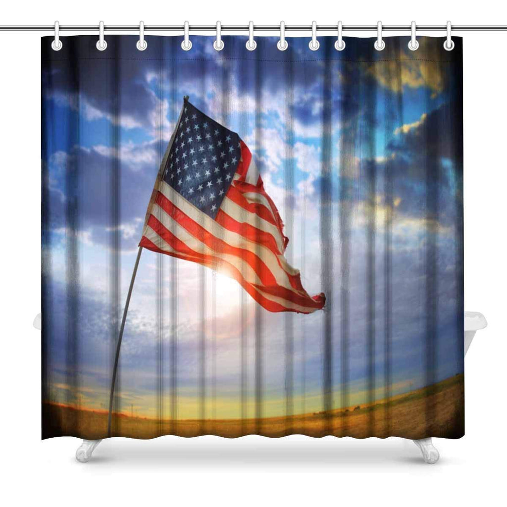 Wide Angle Photo of Tattered American Flag Blowing in the Wind Against Beautiful Cloudscape Fabric Bathroom Shower Curtain Set, 72 x 72 Inches