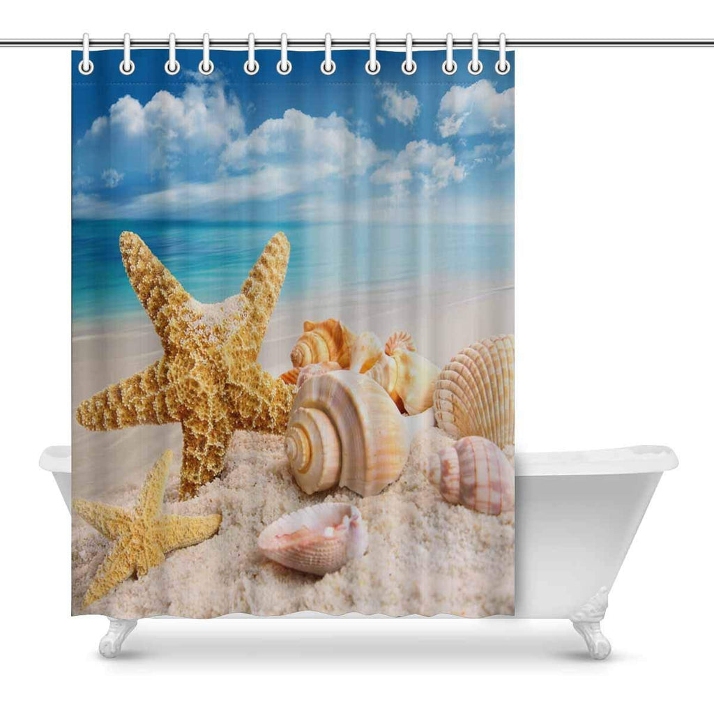 Starfish and Seashells on the Beach with Blue Sky Modern Art Fabric Shower Curtain