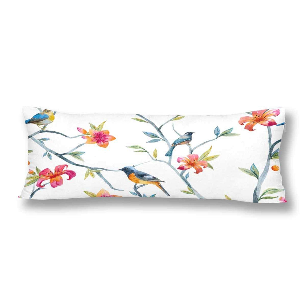 Watercolor Bird Spring Flower Tree Body Pillow Covers Pillowcase with Zipper 21x60 Twin Sides