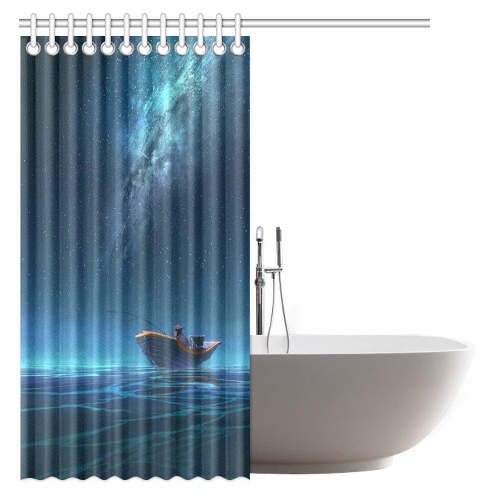 Fantasy Art House Decor Shower Curtain, Fisherman in Boat at Night with Milky Way Nebula Space Star Ocean Fabric Bathroom Shower Curtain