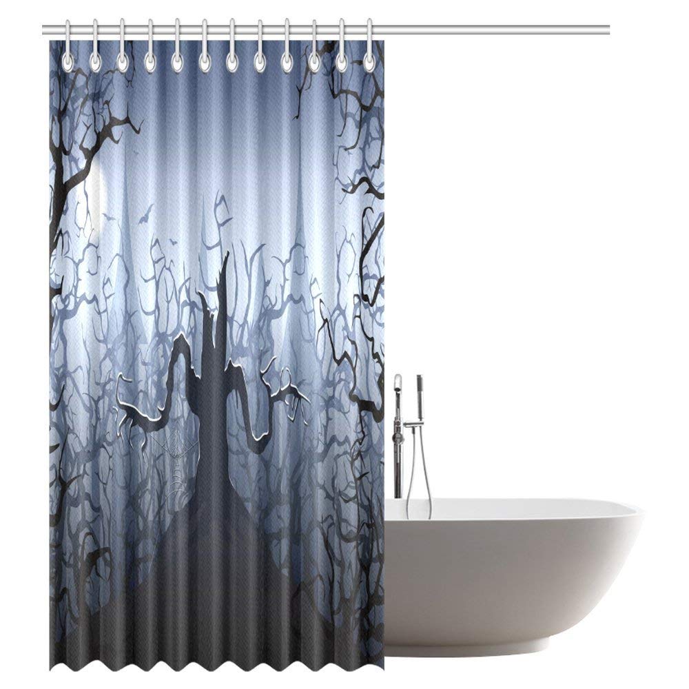 Halloween Decorations Shower Curtain, Wicked Witch in Twilight on High Hill in Dark Night Magic Fiction Fabric Bathroom Shower Curtain with Hooks