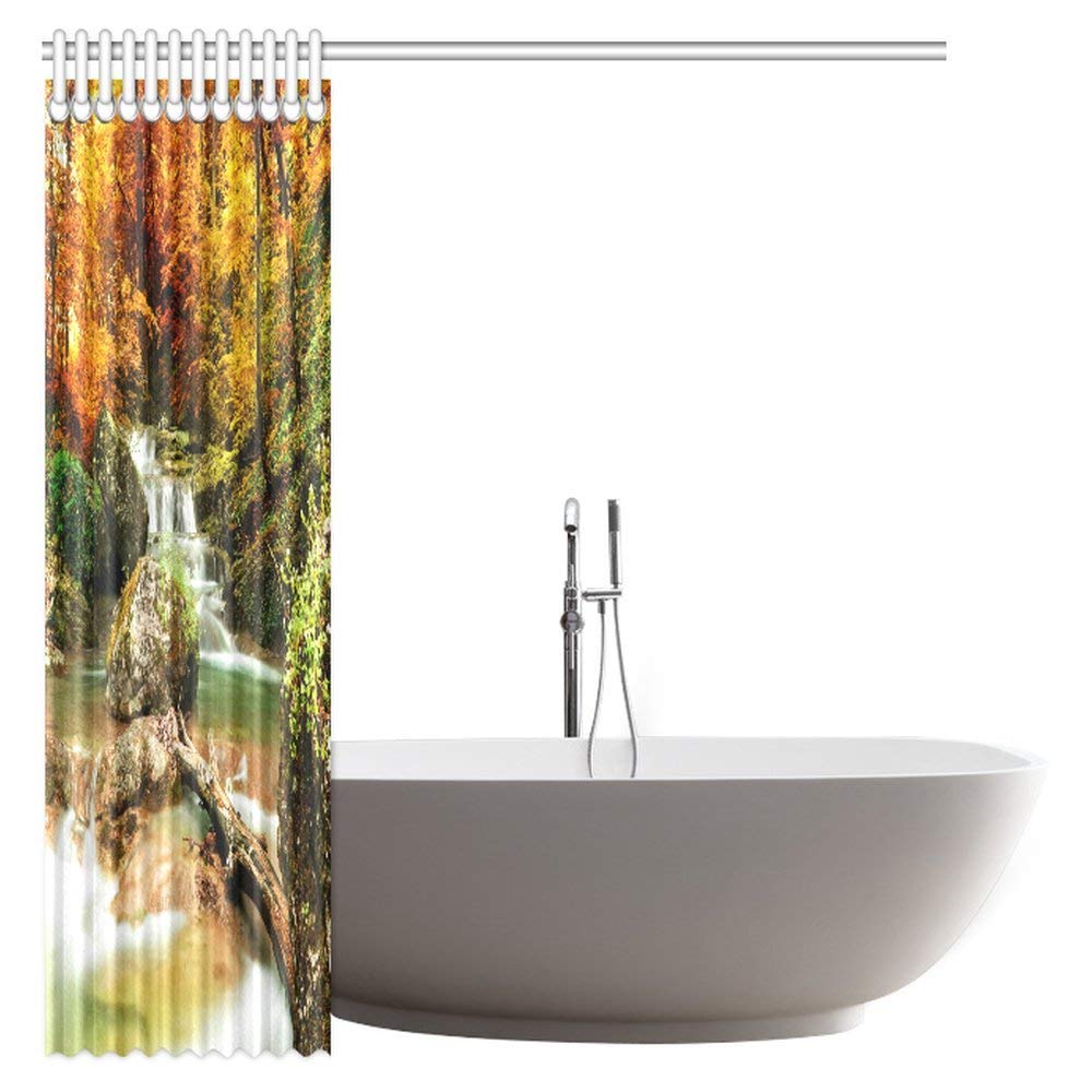 Waterfall Shower Curtain, Autumn Creek Woods Yellow Trees and Foliage Rocks in Forest Fabric Bathroom Shower Curtain Set with Hooks