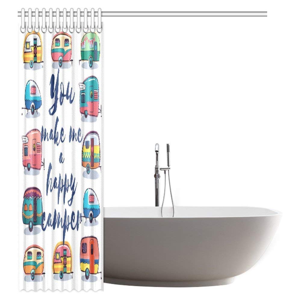 Camper Shower Curtain, You Make Me Happy Camper Motivational Quote with Caravans Retro Style Travel Graphic Bathroom Shower Curtain with Hooks