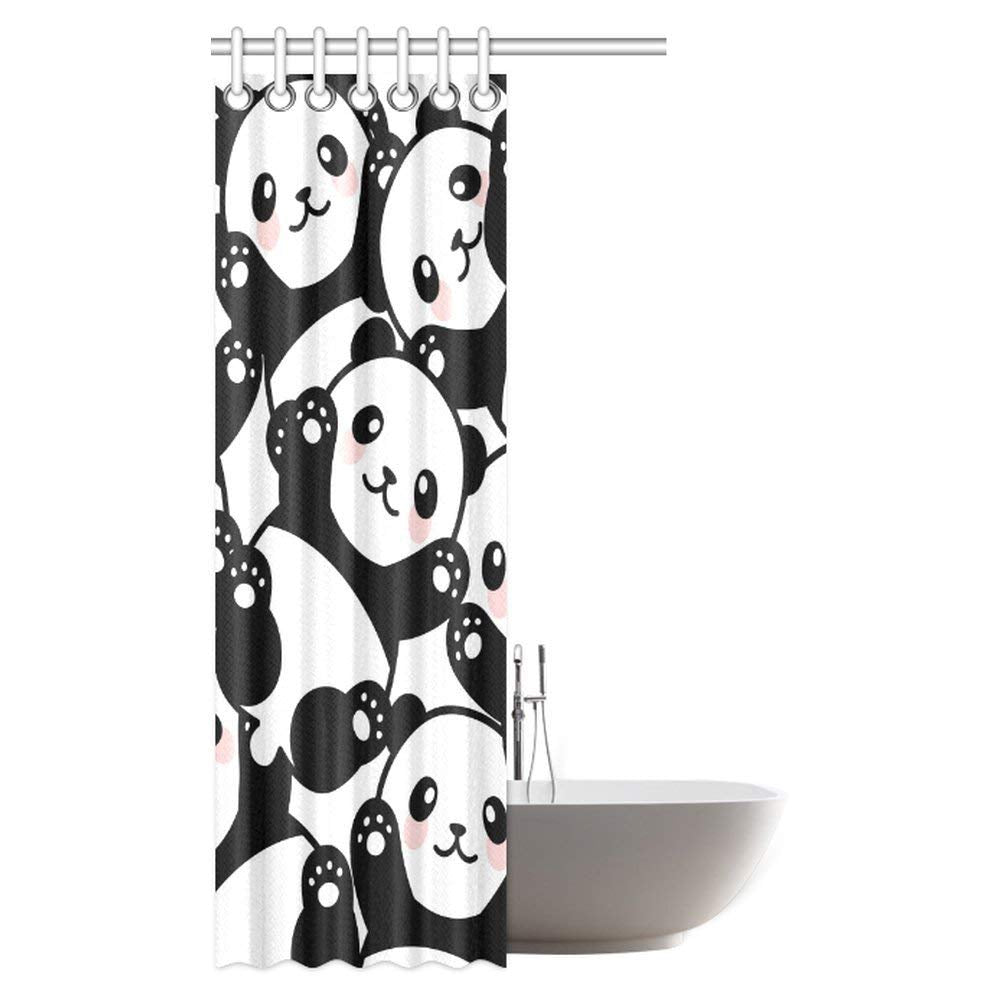 Animal Decor Shower Curtain, Baby Panda Bears Cartoon Polyester Fabric Bathroom Shower Curtain Set with Hooks